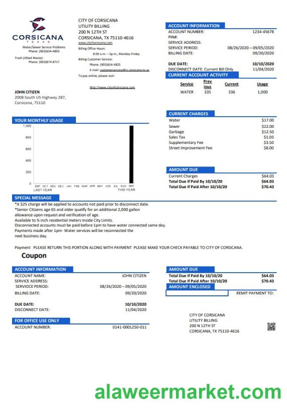 USA Texas City of Corsicana utility bill template in Word and PDF format